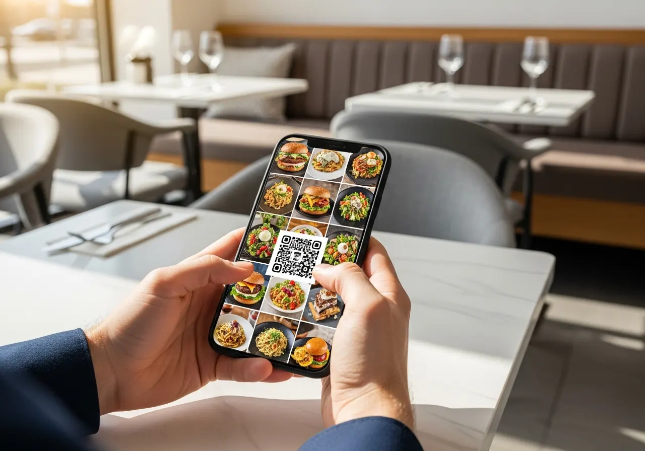 Cardápio digital interativo em tablet na mesa de restaurante com fotos dos pratos