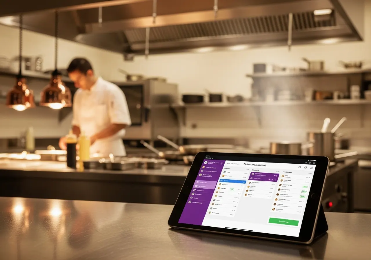 Sistema digital de controle de comandas em restaurante com tablet e tela de pedidos