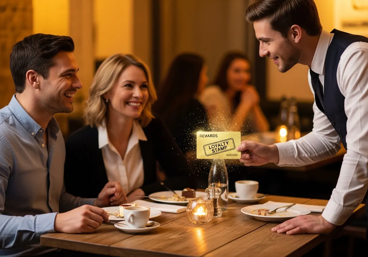 Programa de fidelidade em restaurante com cliente recebendo recompensa no caixa