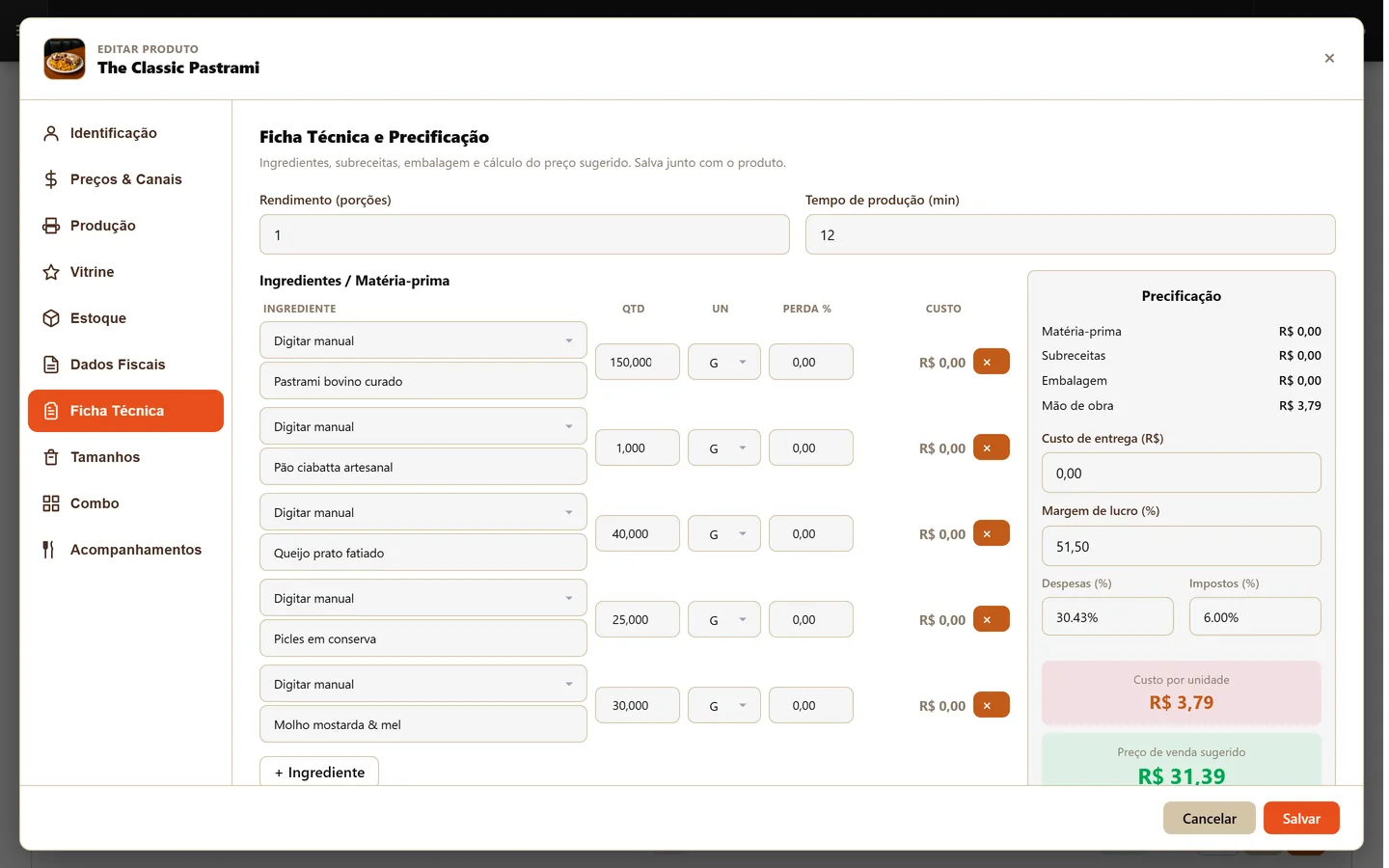 Aba Ficha Técnica — tela Produtos do sistema Food Sistemas