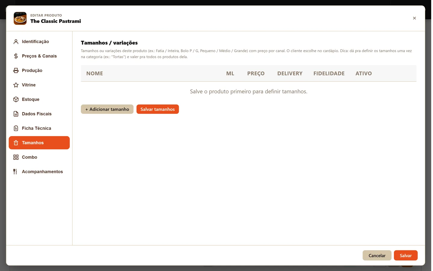 Aba Tamanhos — tela Produtos do sistema Food Sistemas