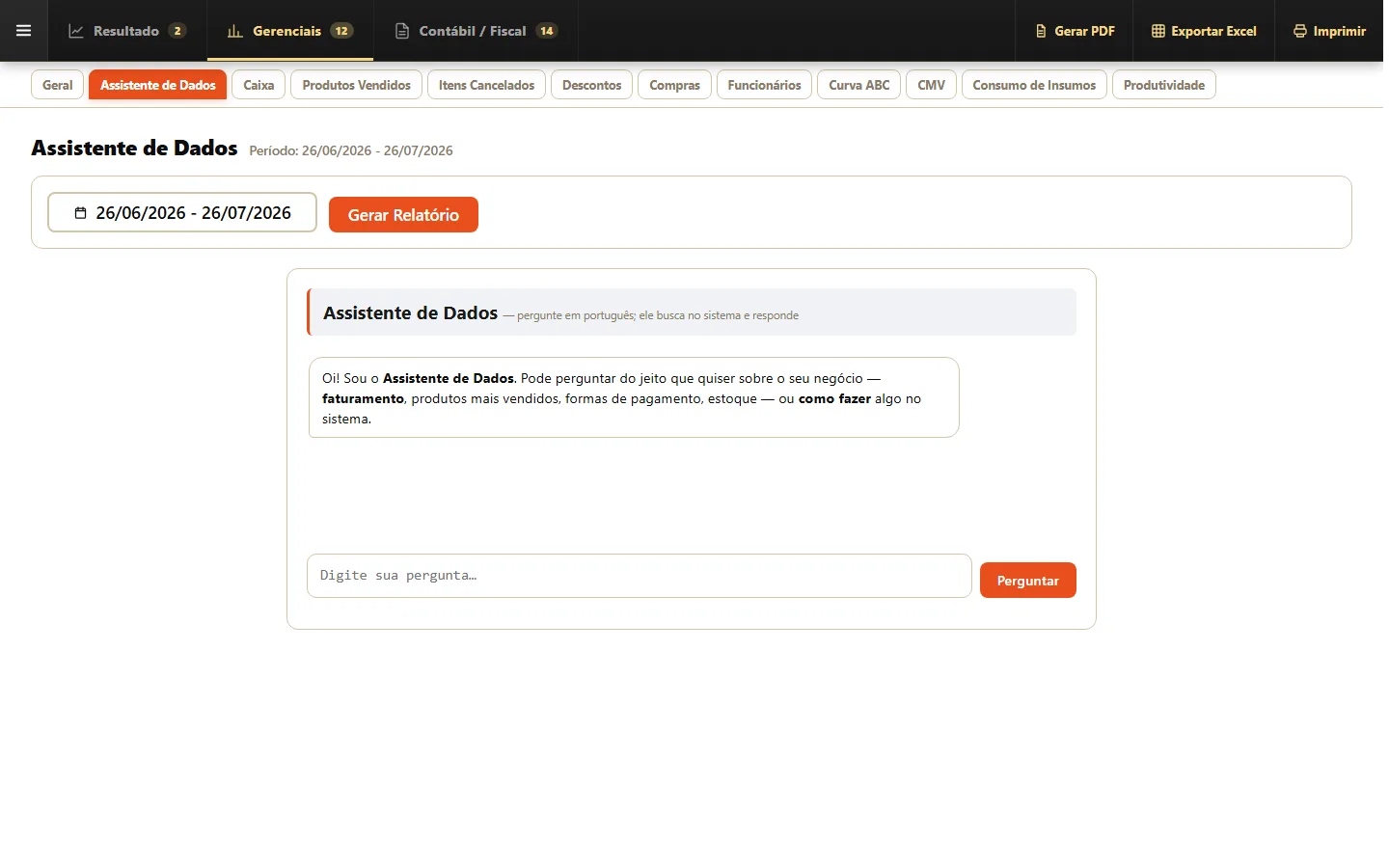 Assistente de Dados (IA) — tela Relatórios do sistema Food Sistemas