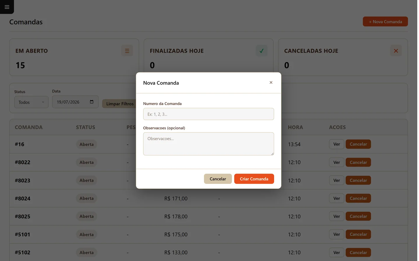 Modal Nova Comanda — tela Comandas do sistema Food Sistemas