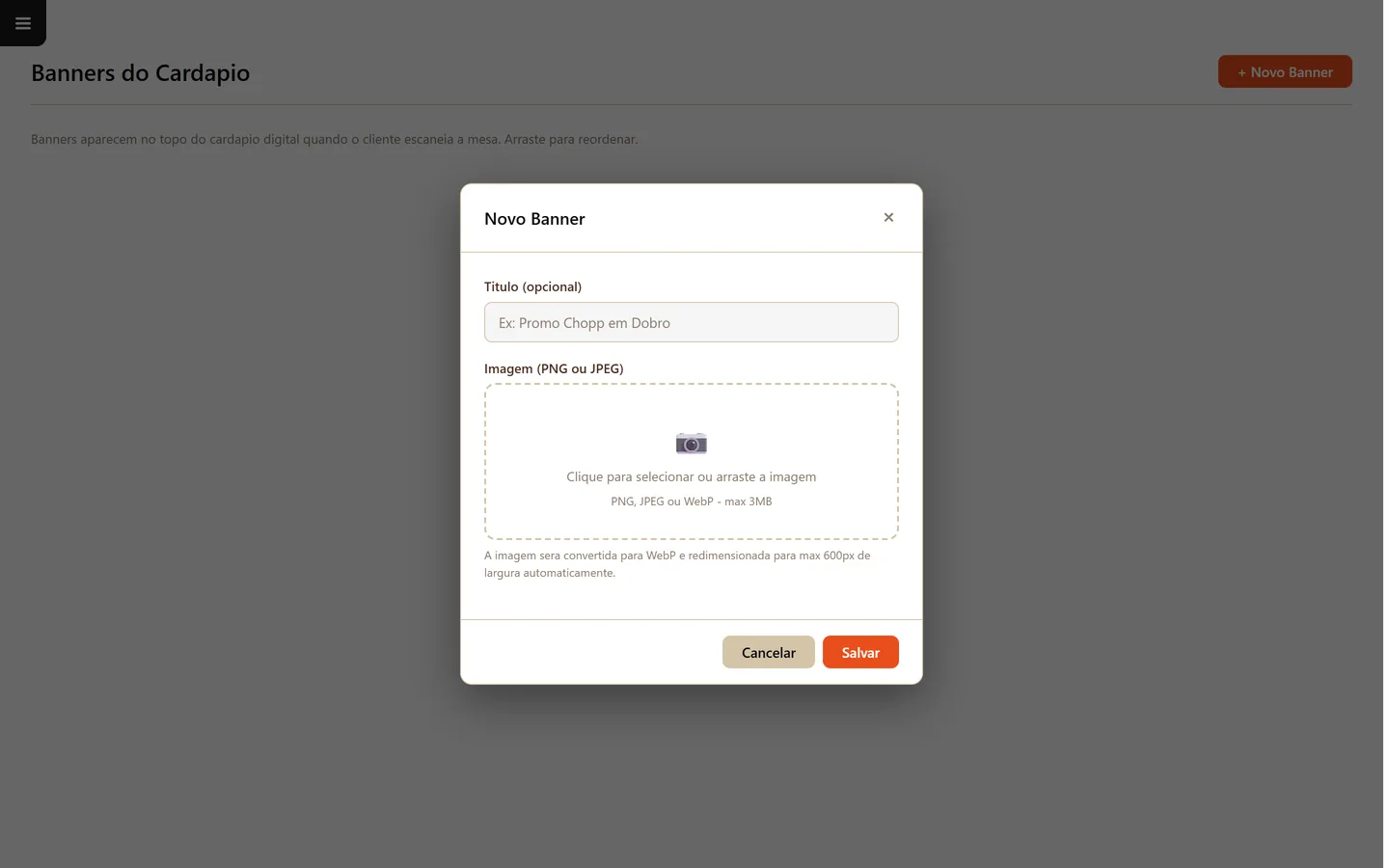 Modal Novo Banner — tela Marketing do sistema Food Sistemas