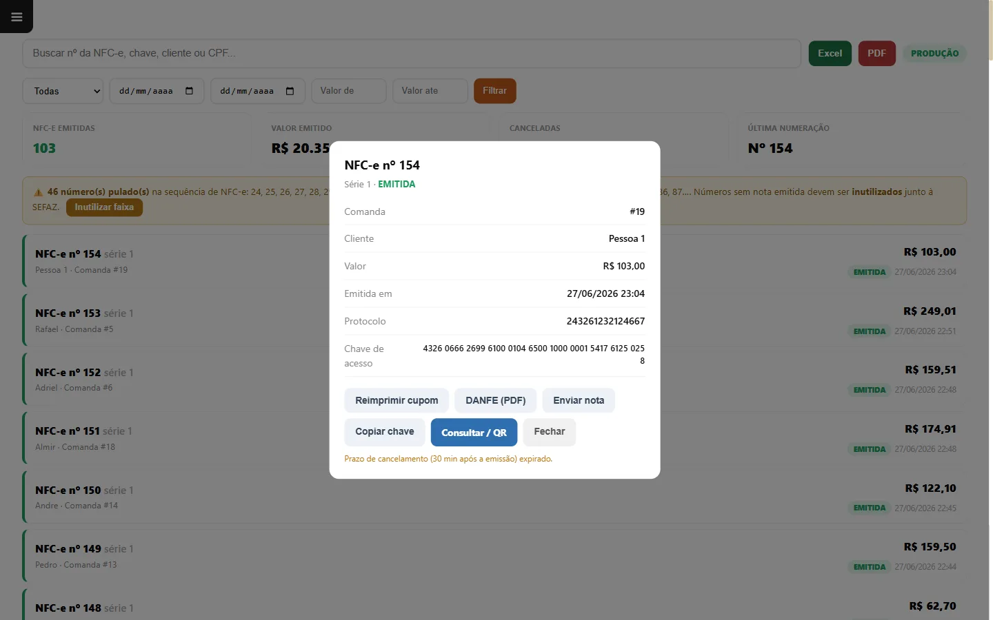 Geração do DANFE da NFC-e em PDF no sistema para restaurante