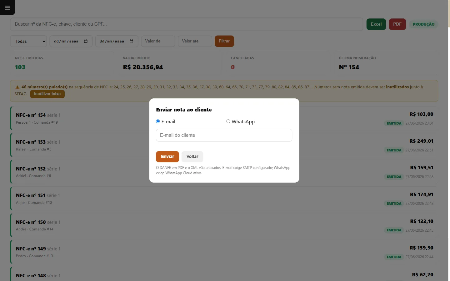Envio da NFC-e com DANFE em PDF e XML ao cliente por e-mail ou WhatsApp no sistema para restaurante