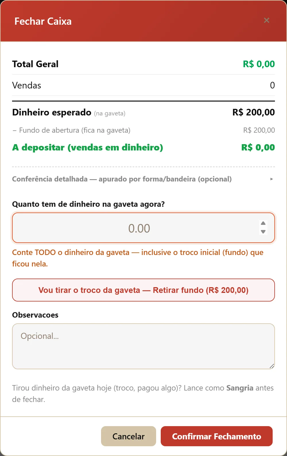 Janela de fechamento de caixa do sistema para restaurante mostrando dinheiro esperado, valor a depositar e conferência por forma