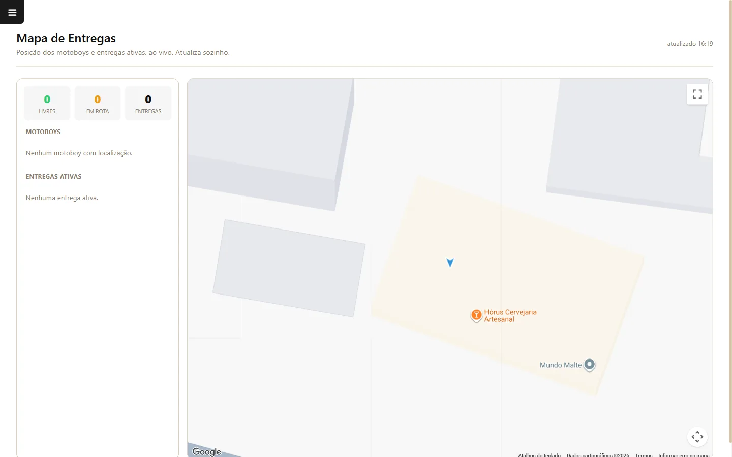 Mapa de entregas de delivery em tempo real com localização dos pedidos no sistema para restaurante