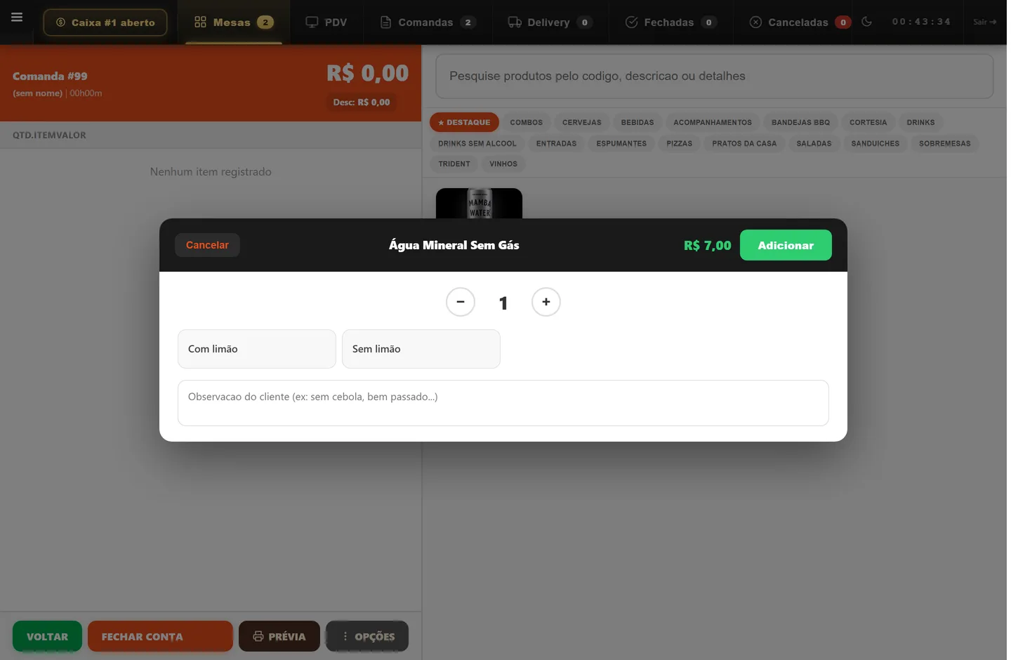 Pop-up de tamanhos (P/M/G) e adicionais de um produto no PDV do sistema para restaurante