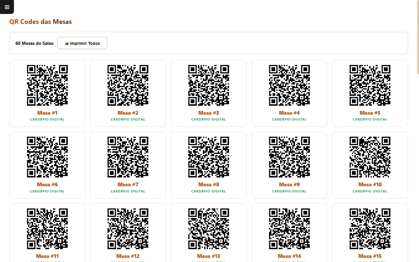 Geração de QR Codes para comandas e mesas no sistema para restaurante