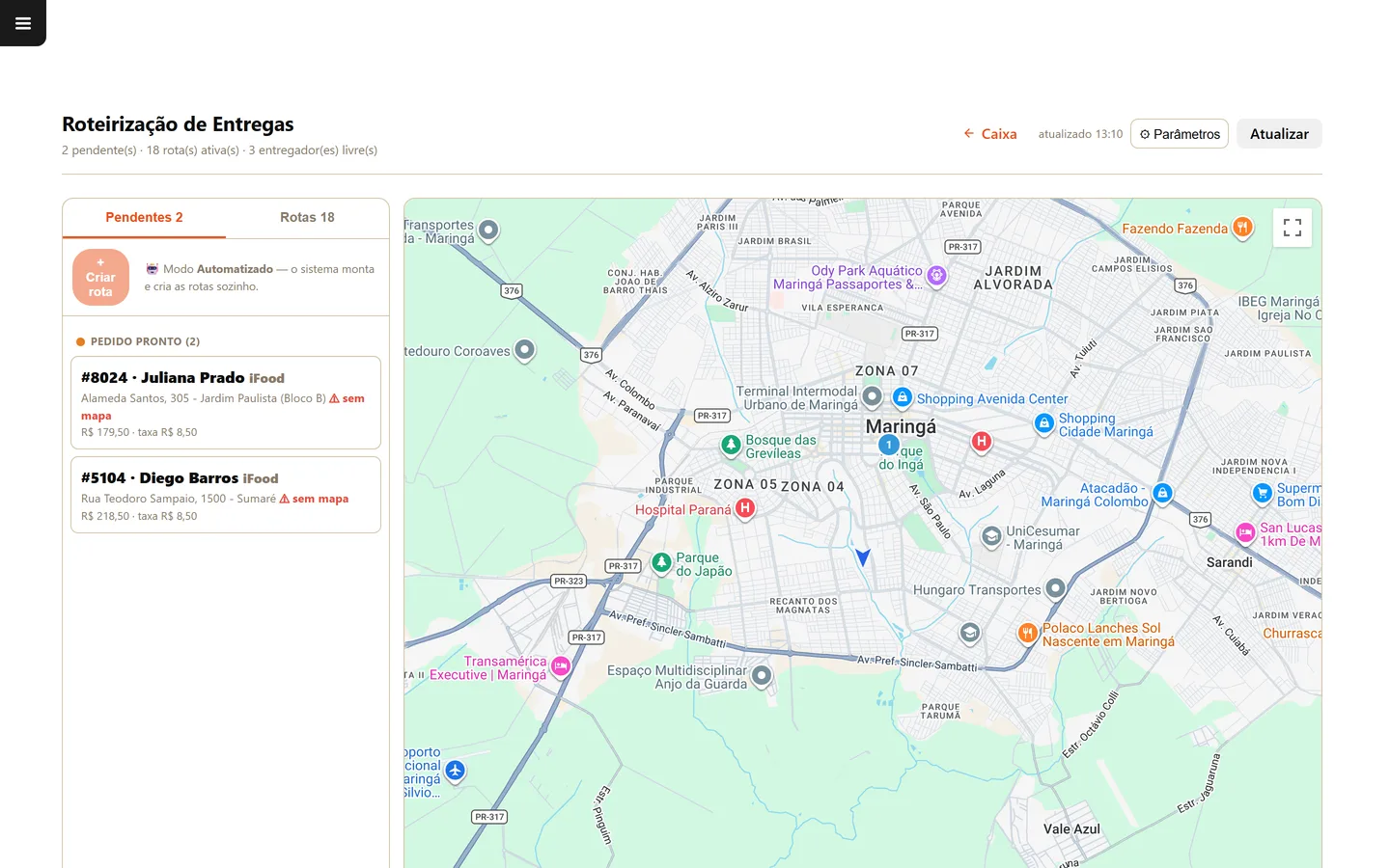 Roteirização de entregas com mapa e várias paradas otimizadas por proximidade no sistema para restaurante