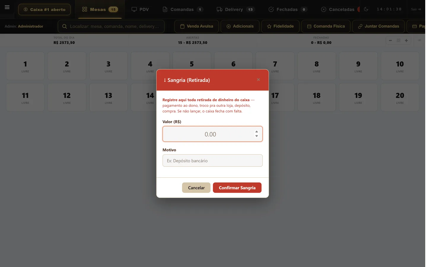 Registro de sangria e suprimento de dinheiro no caixa do sistema para restaurante, com valor e motivo